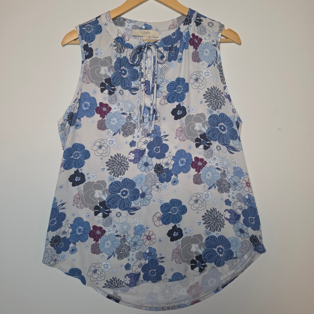 LOFT Floral Print Sleeveless Tie Neck Blouse Blue Purple Size Large